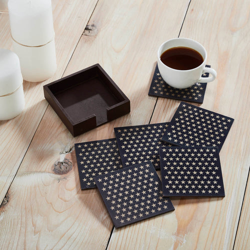White Stars On Navy MDF Coaster w/ Container Set of 6 4x4